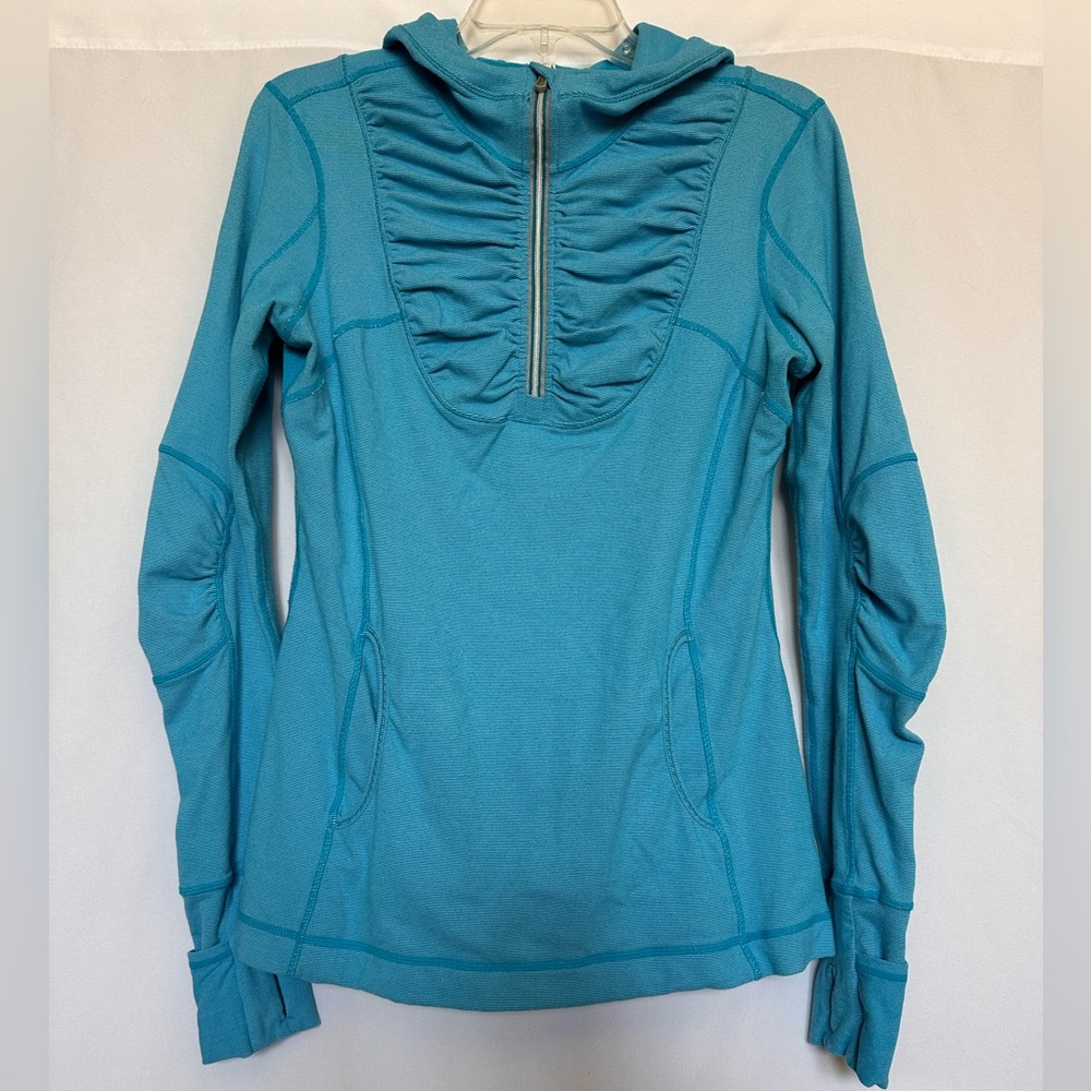 Lululemon Run Resolution Hoodie Blue Microstripe Ruched Front - Size‎ 10